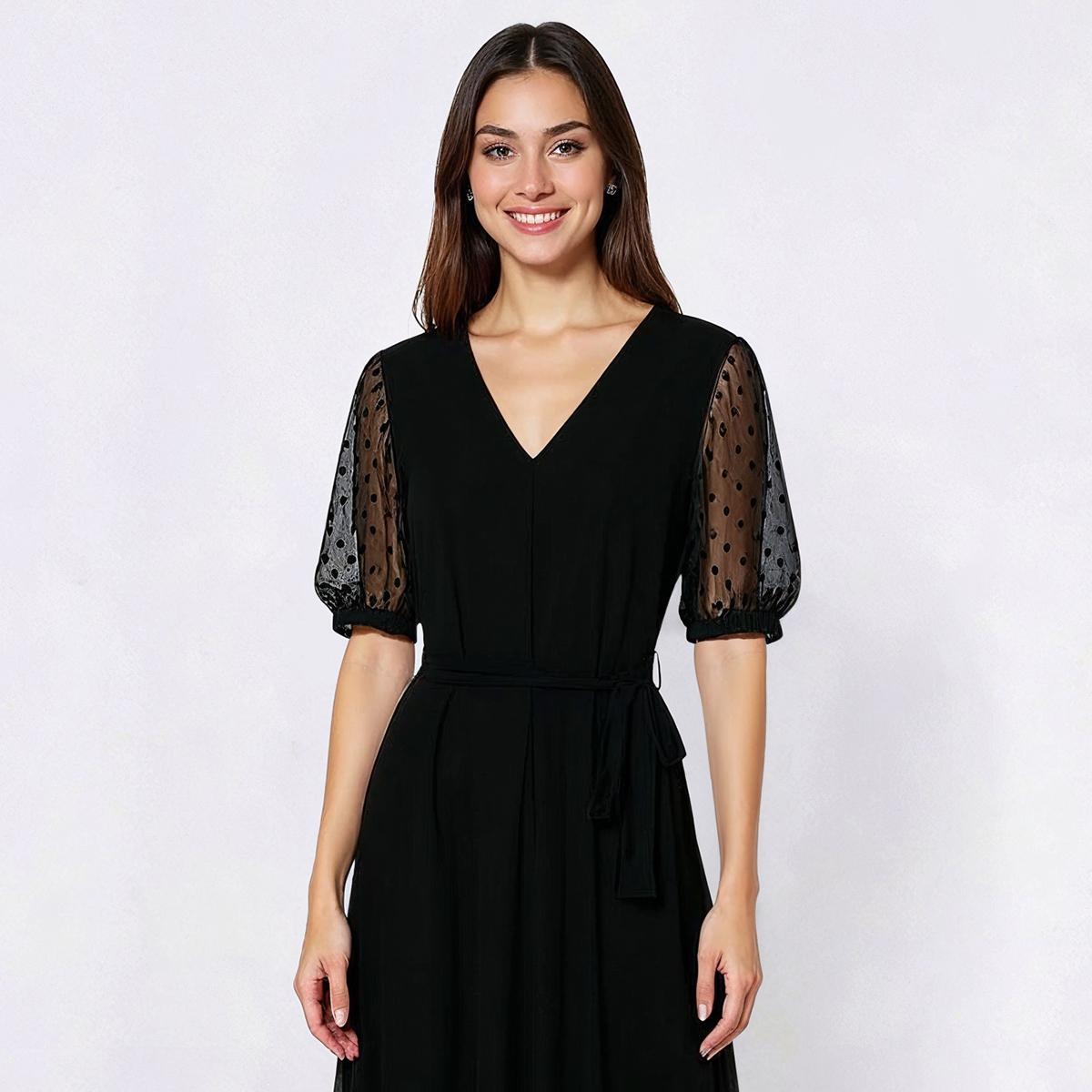 Womens MSK Short Semi Sheer Dot Sleeve V Neck A-Line Dress