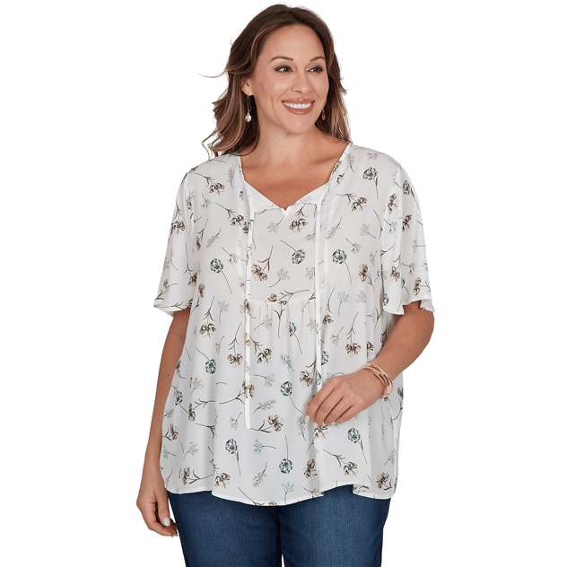 Plus Size Emaline Verde Grove II Tie Neck Floral Blouse