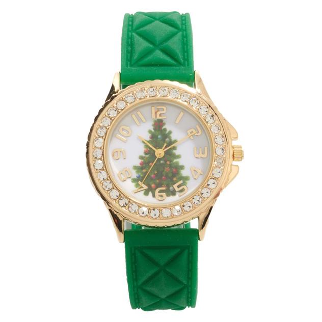 Gold-Tone & Green Rhinestone Watch w/ Tree Dial - PT10166B