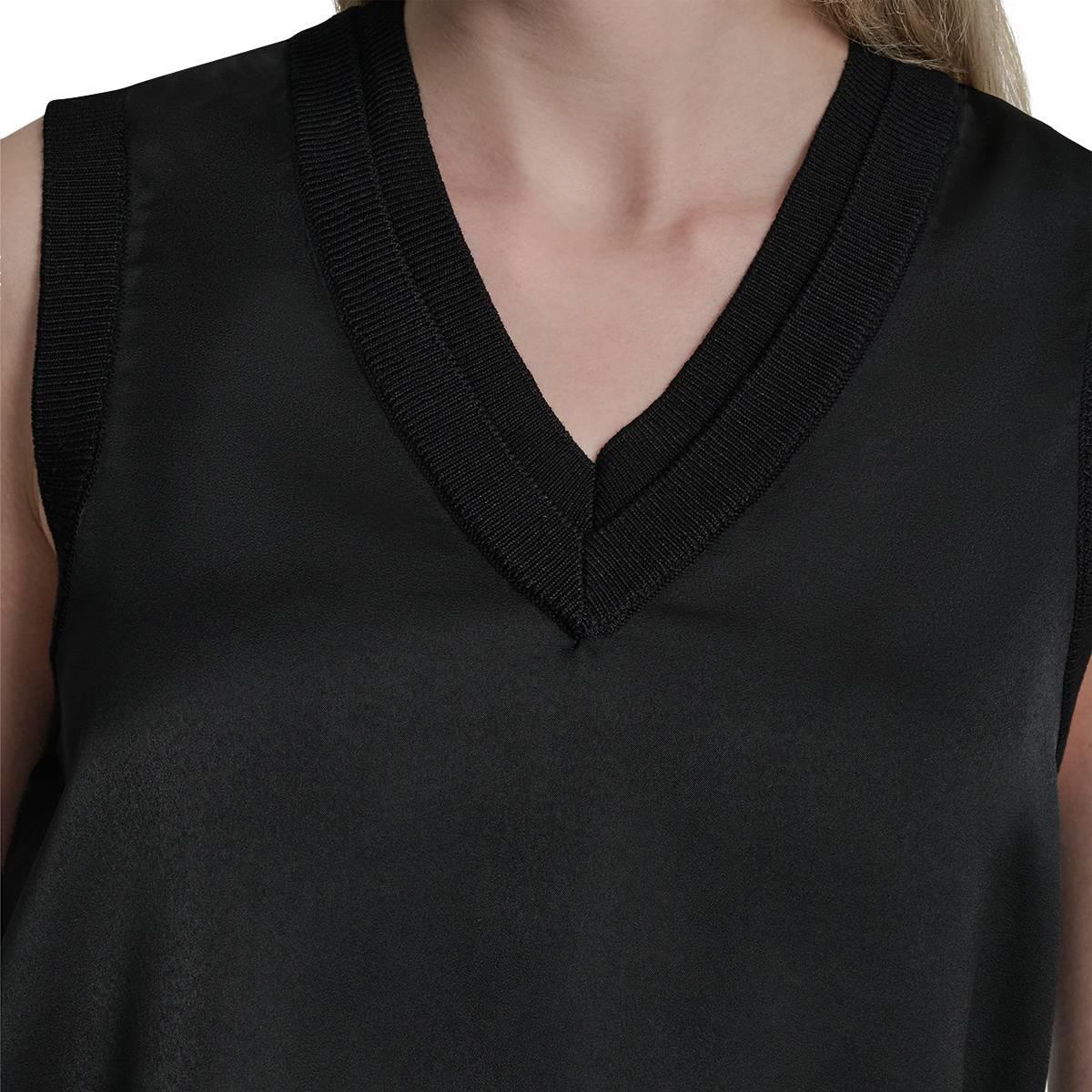Womens DKNY Ribbed Double V Neck Black Solid Tank Top