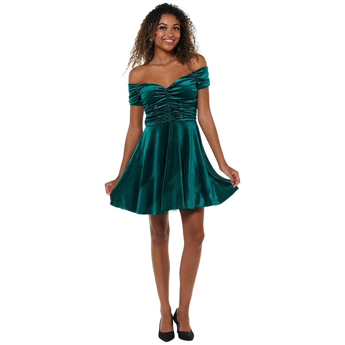 Juniors Emerald Sundae Velvet Off The Shoulder Skater Dress