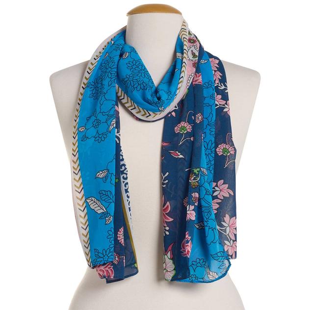 Womens Renshun Fun Floral Pearl Silky Oblong Scarf - Navy