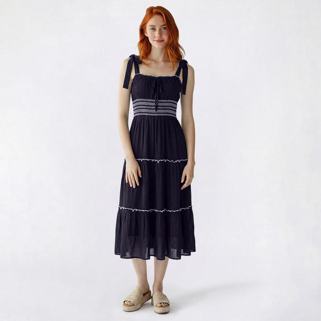 Juniors Trixxi Textured Smock Waist Tie Shoulder Midi Dress