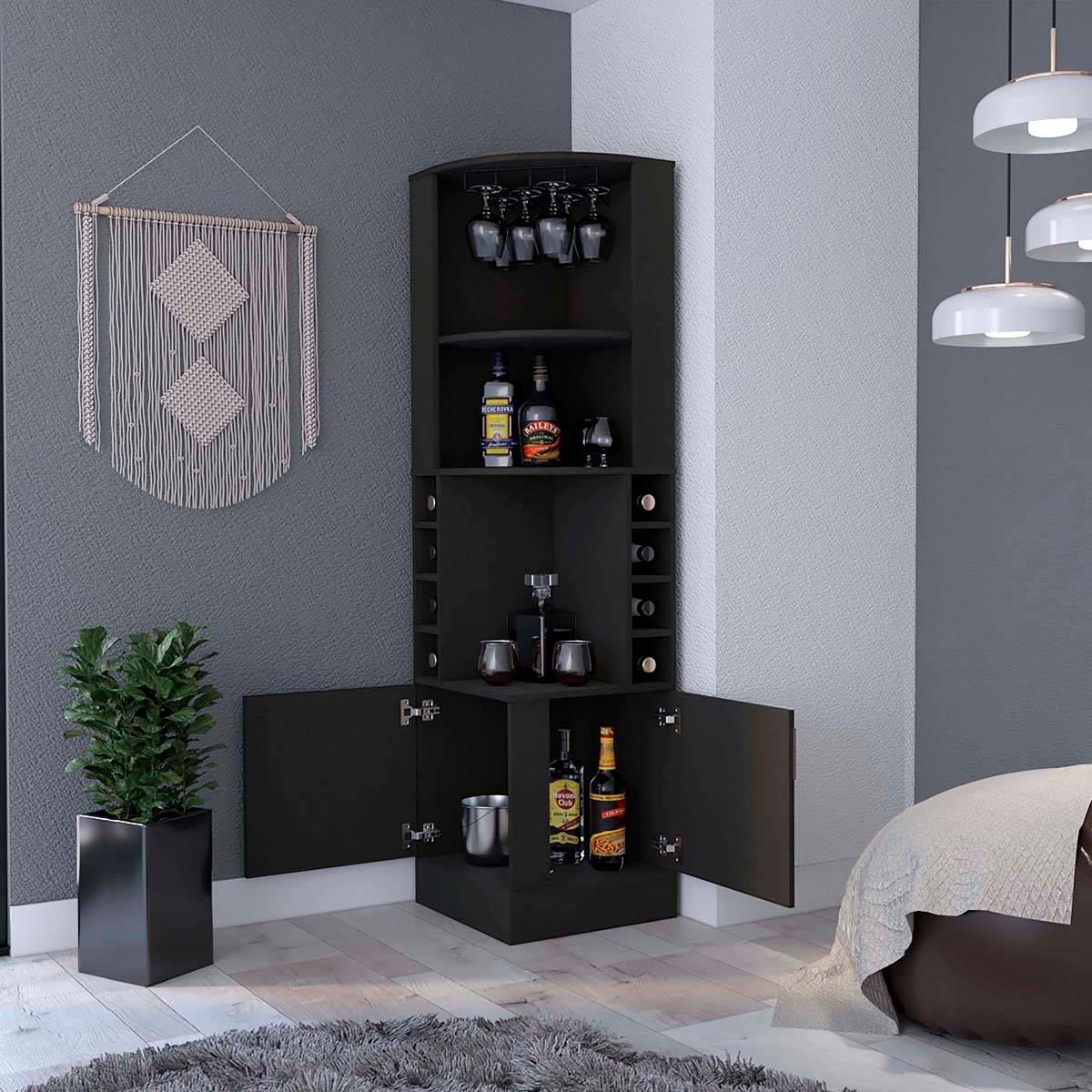FM FURNITURE Kava Delhi Black Corner Bar Cabinet