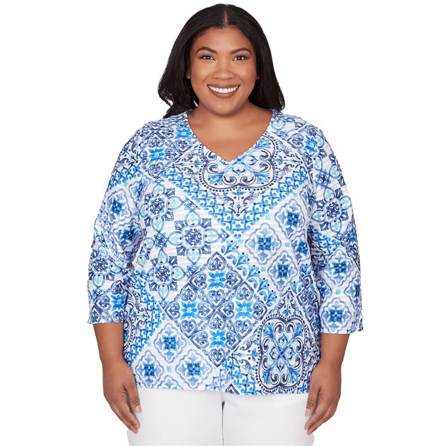 Plus Size Alfred Dunner Mykonos 3/4 Sleeve Medallion Blouse