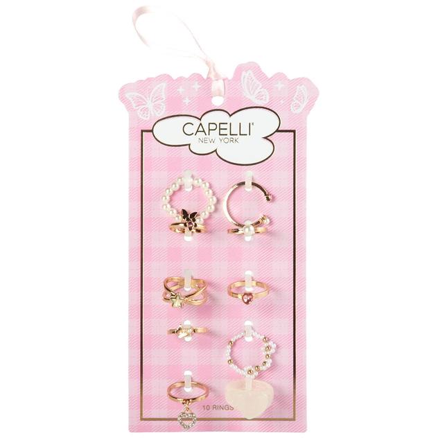 Girls Capelli® New York 10pc. Gold Heart Star & Pearl Ring Set