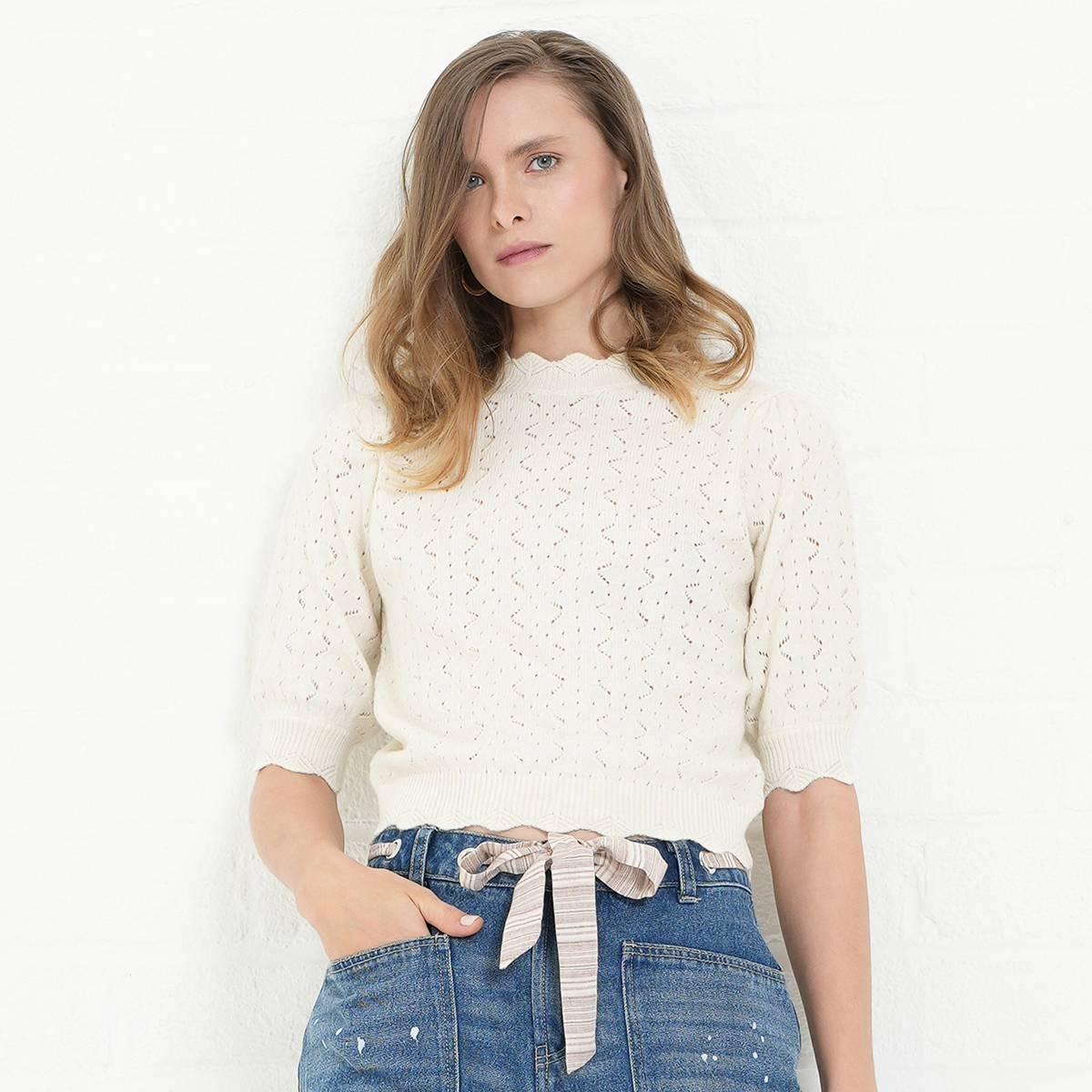 Womens MNK Short Sleeve Pointelle Stitch Scallop Sweater