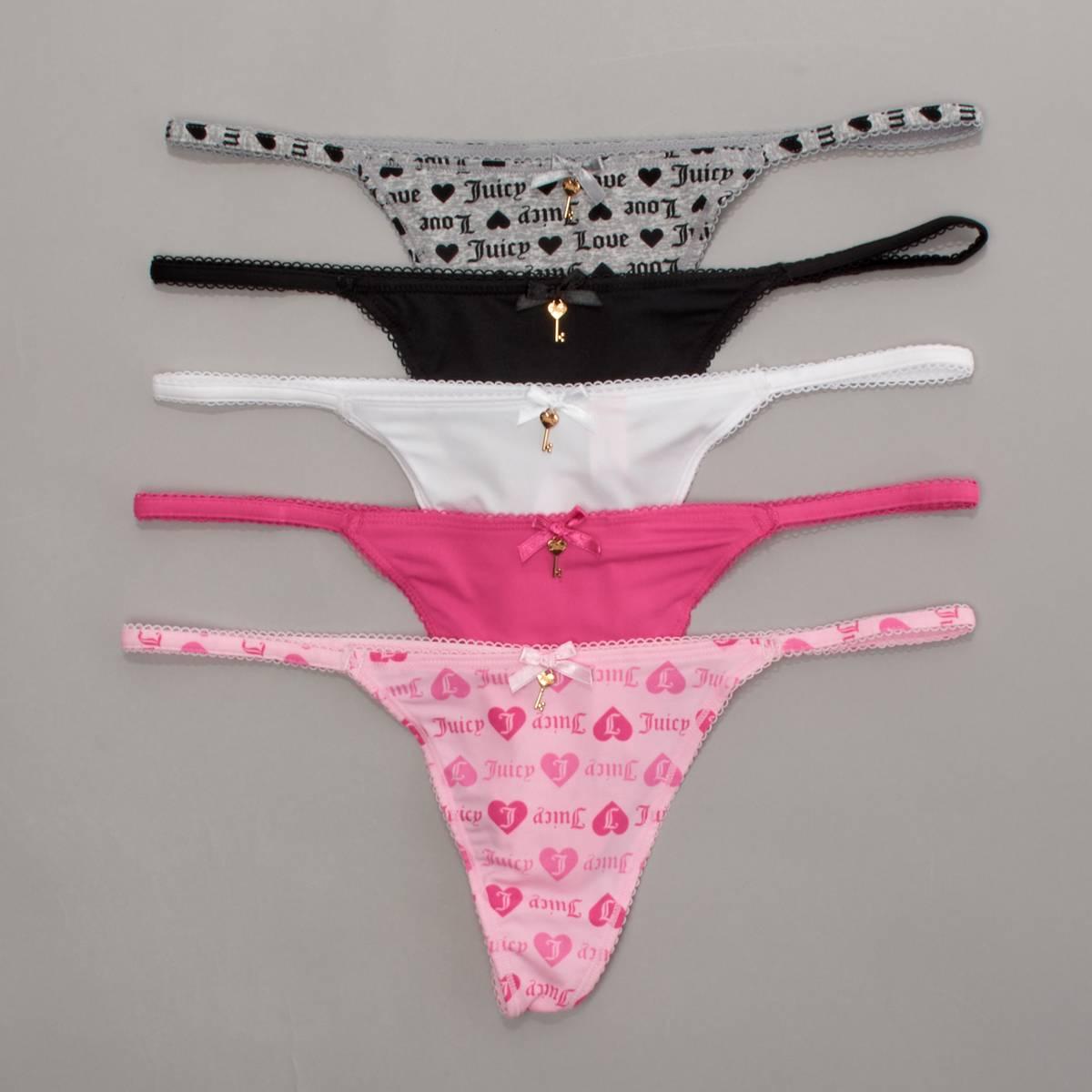 Womens Juicy Couture 5pk Brushed Micro Thong Picot Elastic