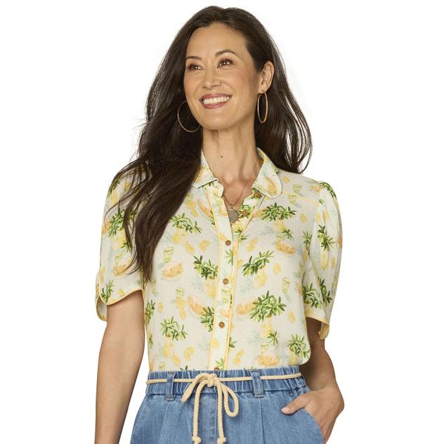 Womens Democracy Elbow Sleeve Pineapple Button Down Blouse
