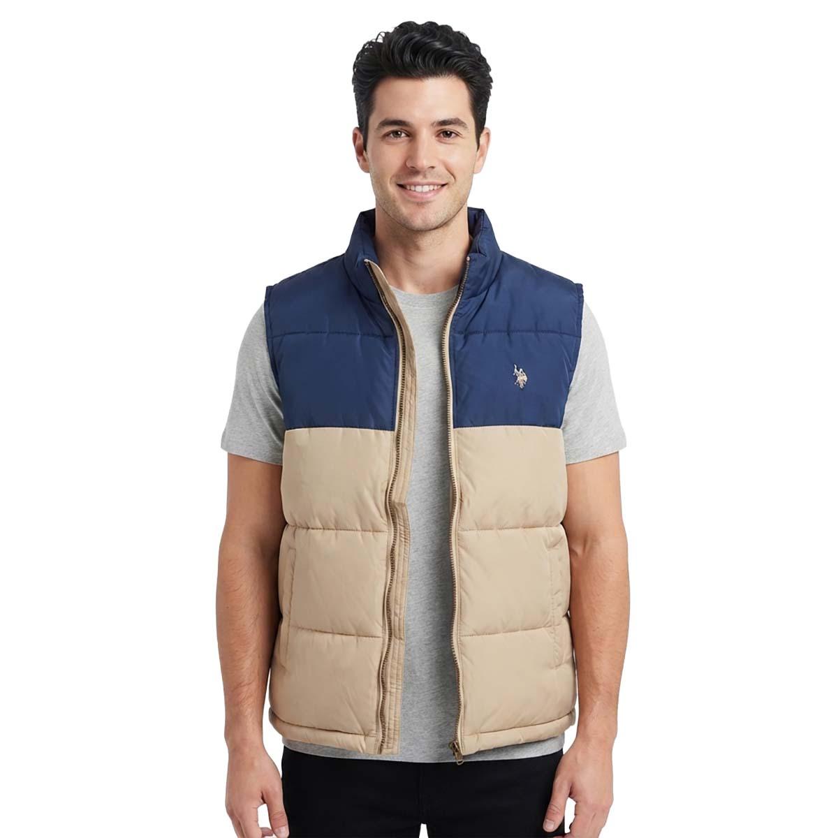 Mens U.S. Polo Assn.(R) Color Block Puffer Vest - Thompson Khaki