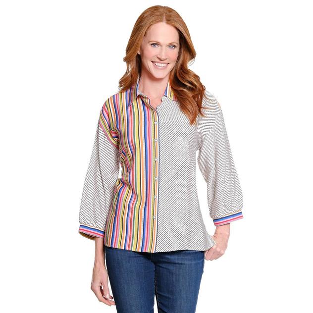 Womens Ali Miles 3/4 Sleeve Splice Stripe Button Front Blouse