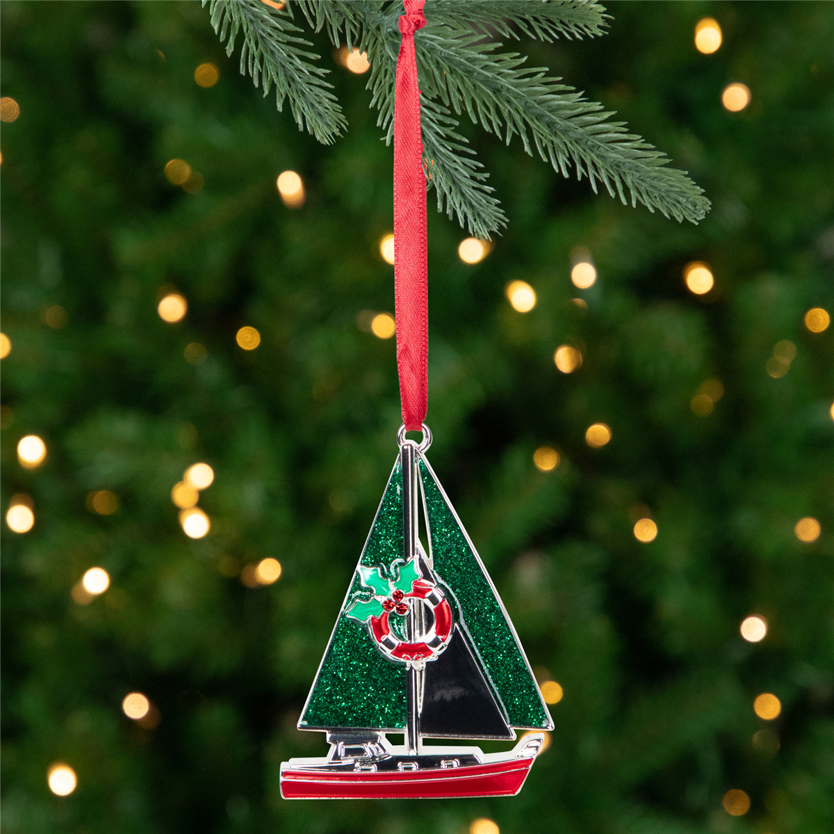 Northlight Sailboat with Holly Life Preserver Christmas Ornament