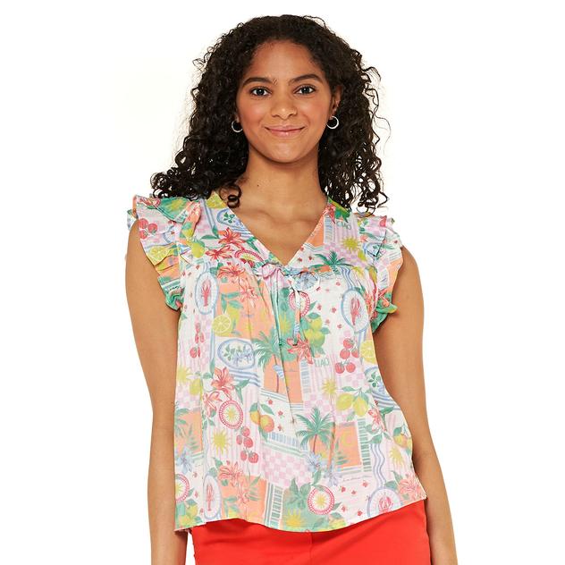 Womens Zac & Rachel Cap Flutter Sleeve Patchwork Blouse