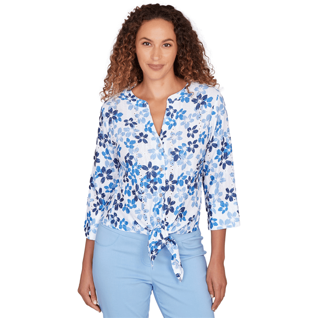 Womens Hearts of Palm Smooth Sailing 3/4 Sleeve Floral Blouse