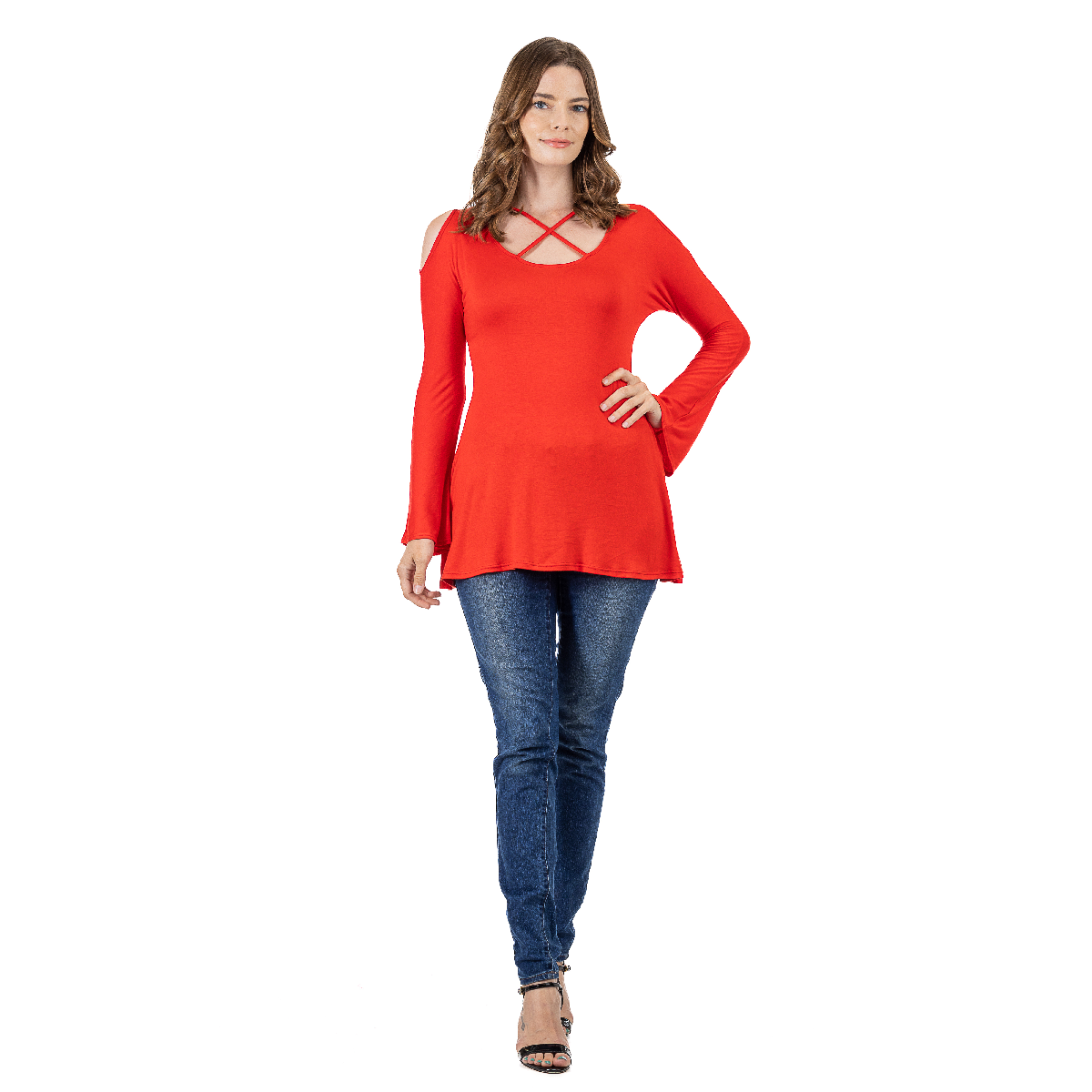 Womens 24/7 Comfort Apparel Criss Cross Cold Shoulder Top