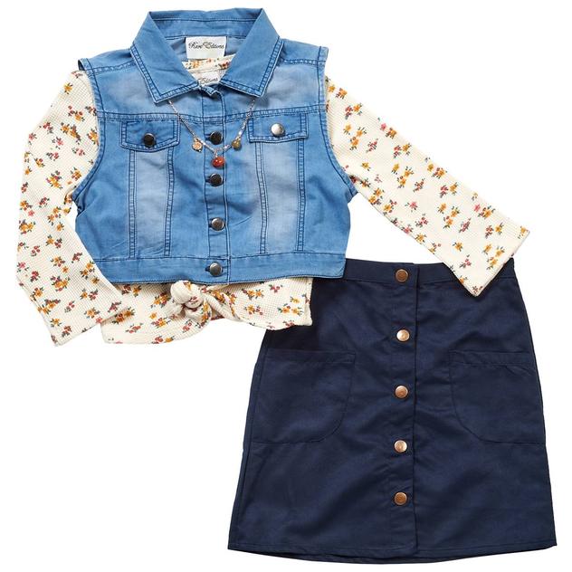 Girls (7-16) Rare Editions 4pc. Denim Vest/Waffle Tee/Skirt Set