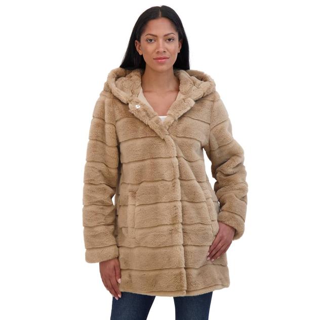 Womens Sebby Grooved Faux Fur Coat with Hood