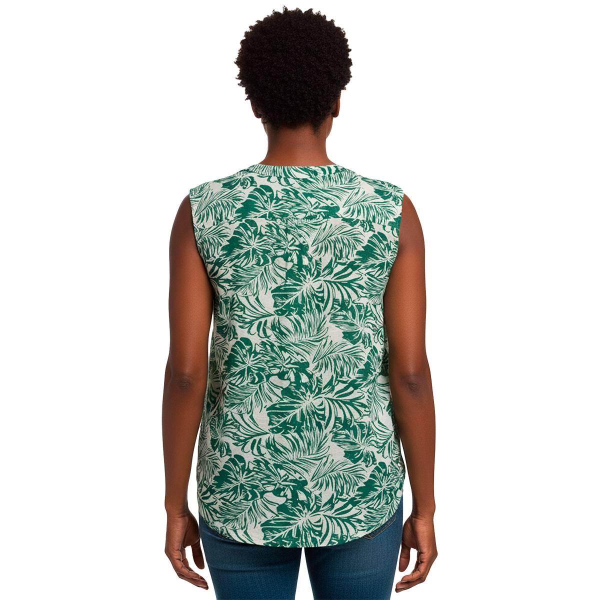 Womens Notations Sleeveless Tropical Leaf Knit Pleat Blouse