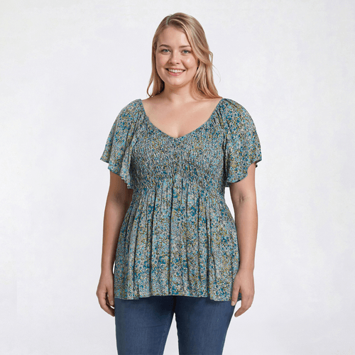 Juniors Plus Angie Floral Smock V Front Peasant Top