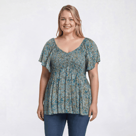 Juniors Plus Angie Floral Smock V Front Peasant Top