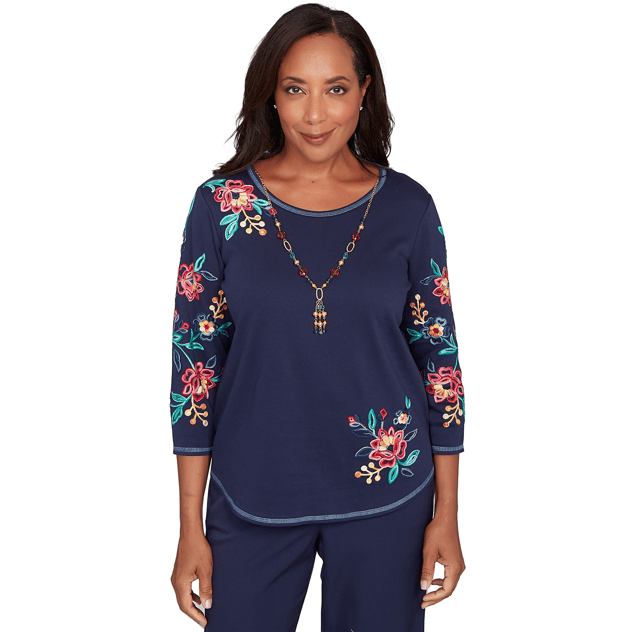 Petite Alfred Dunner Saratoga Springs Floral Blouse w/Necklace