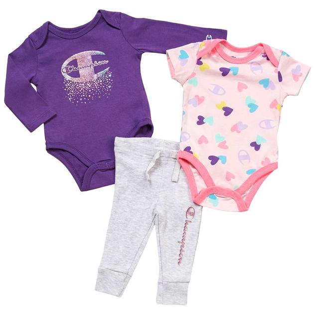 Baby Girl (3-9M) Champion® 3pc. Shimmer Heart Bodysuit & Pant Set