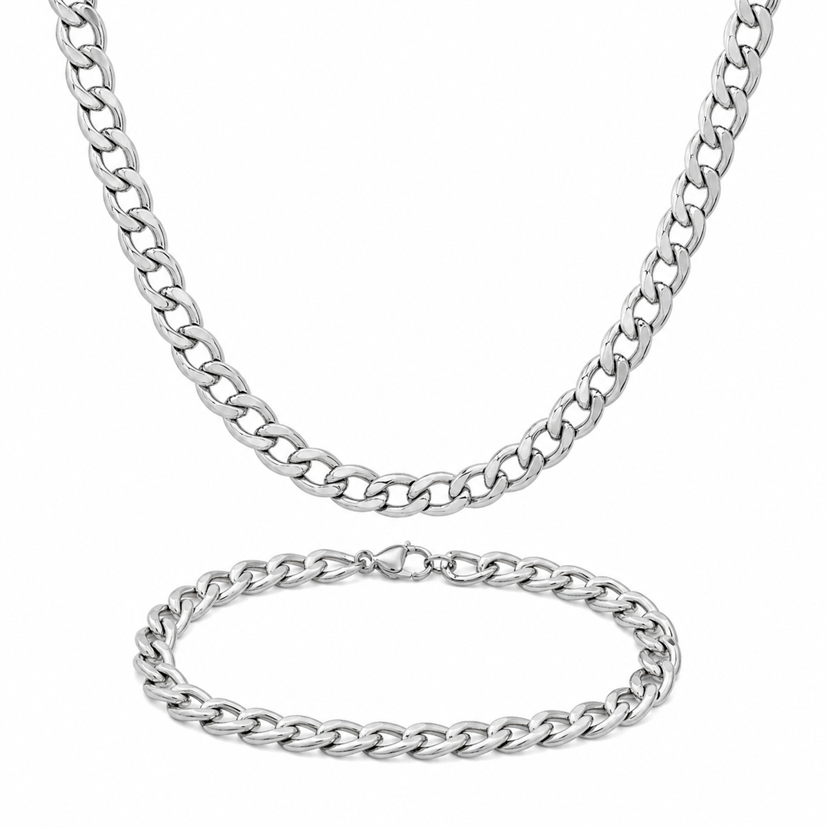 Mens Iron Saints 5mm Cuban Link Silver-Tone Necklace Bracelet Set
