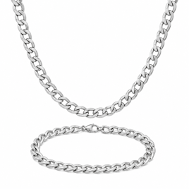 Mens Iron Saints 5mm Cuban Link Silver-Tone Necklace Bracelet Set