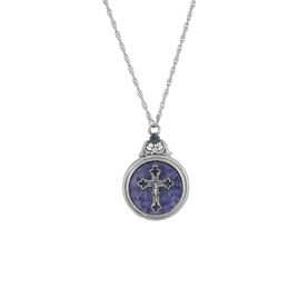 Symbols of Faith Silver Tone Round Sodalite Cross Necklace