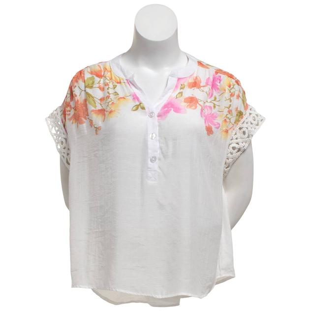 Plus Size Como Black Dolman Sleeve Floral Button Front Blouse