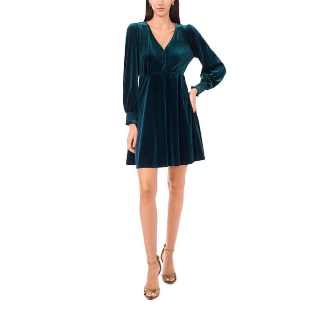 Womens MSK Velvet V-Neck Bishop Sleeve Fit & Flare Dress