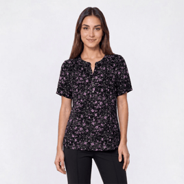 Petite Napa Valley Short Sleeve Floral Pleated Henley Blouse