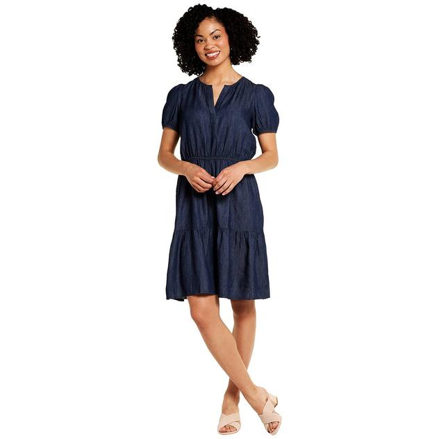 Womens Nautica Chambray Puffed Sleeve Tiered A-Line Dress