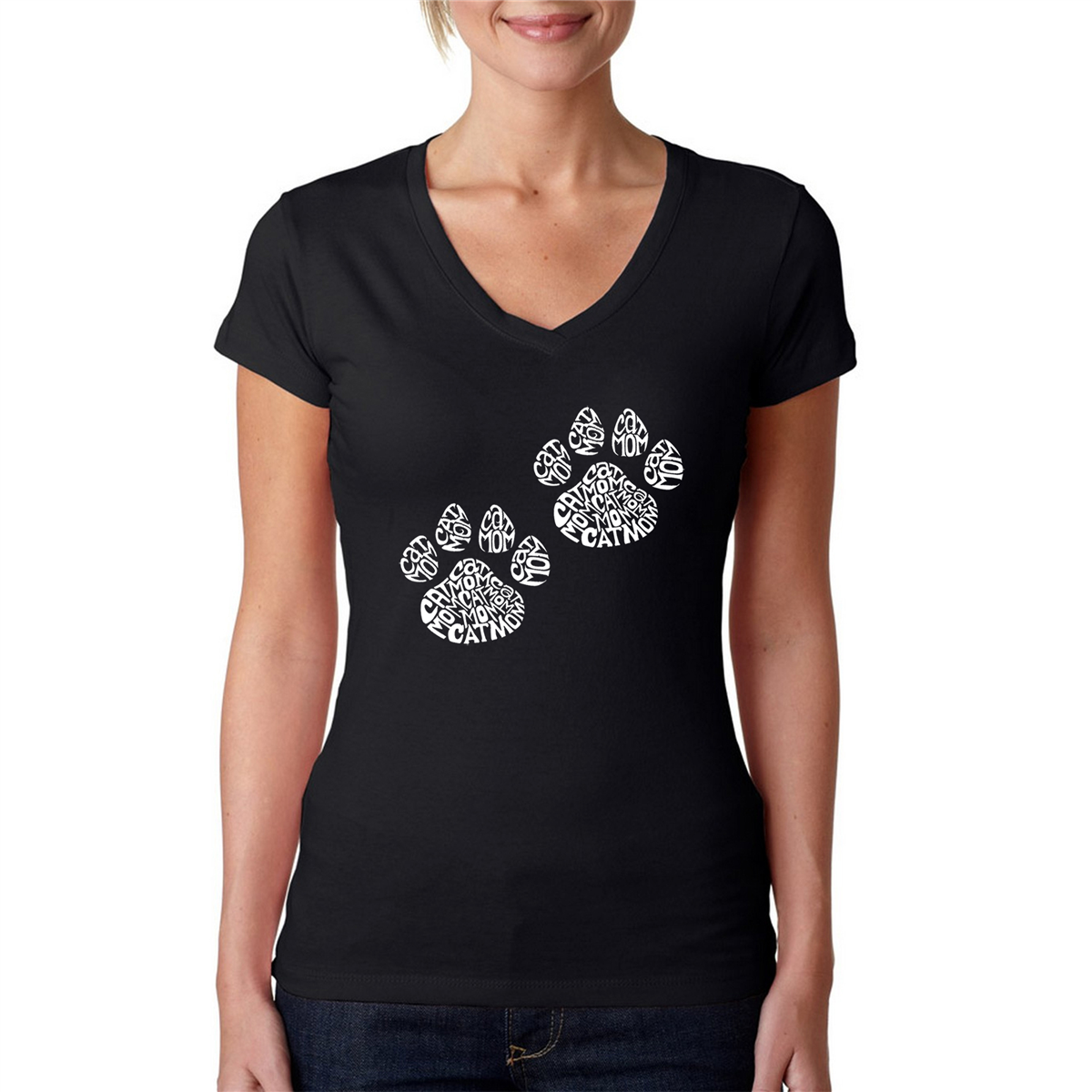 Womens LA Pop Art Cat Mom Word Art V-Neck T-Shirt