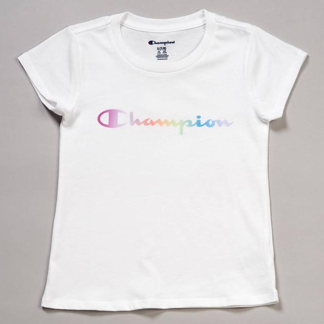 Girls (7-16) Champion® Short Sleeve Rainbow Script Logo Tee