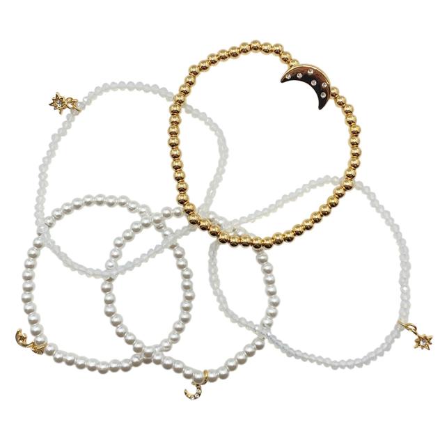 Ashley Gold-Tone White Acrylic Pearl Moon Stretch Bracelet Set