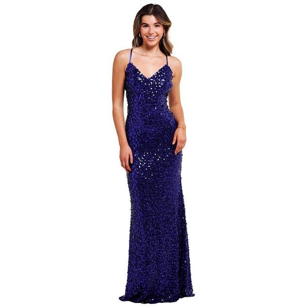 Juniors Crystal Doll Flower Sequin Mesh Lace Up Sheath Dress