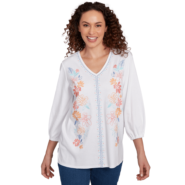 Womens Ruby Rd. Watercolor Dreams Floral Embroidered Tee
