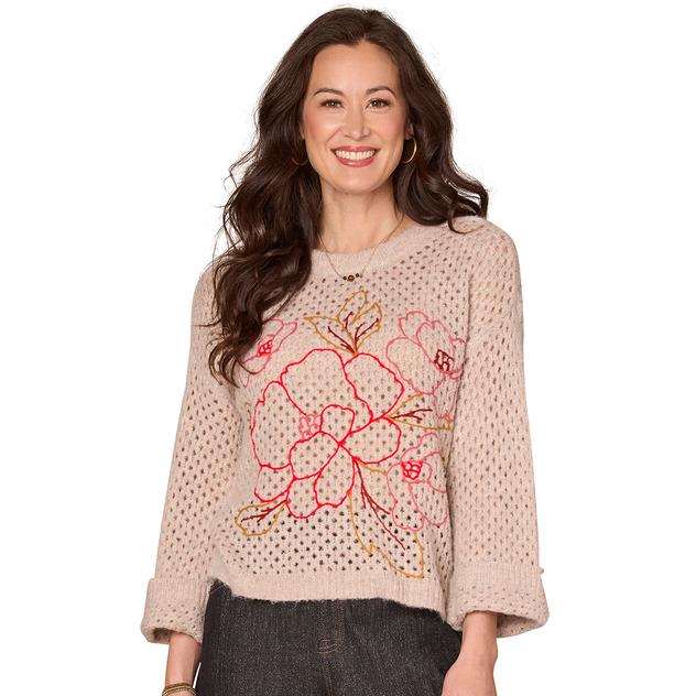 Petite Democracy Long Sleeve Floral Embroidery Sweater