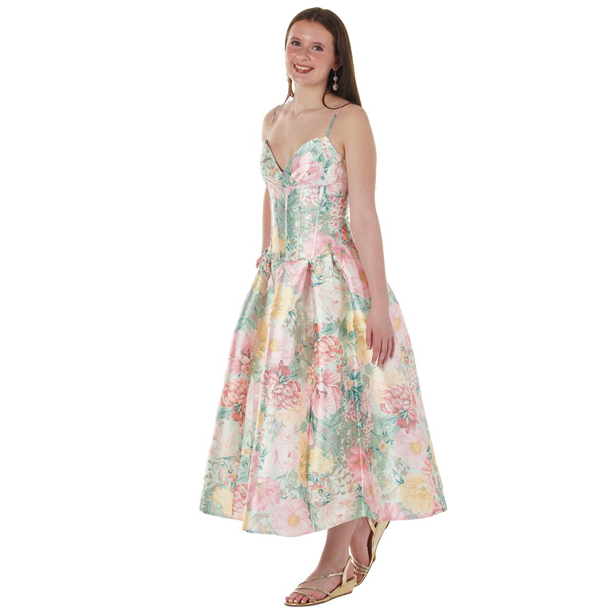 Juniors Emerald Sundae Floral Corset Box Pleat A-Line Dress