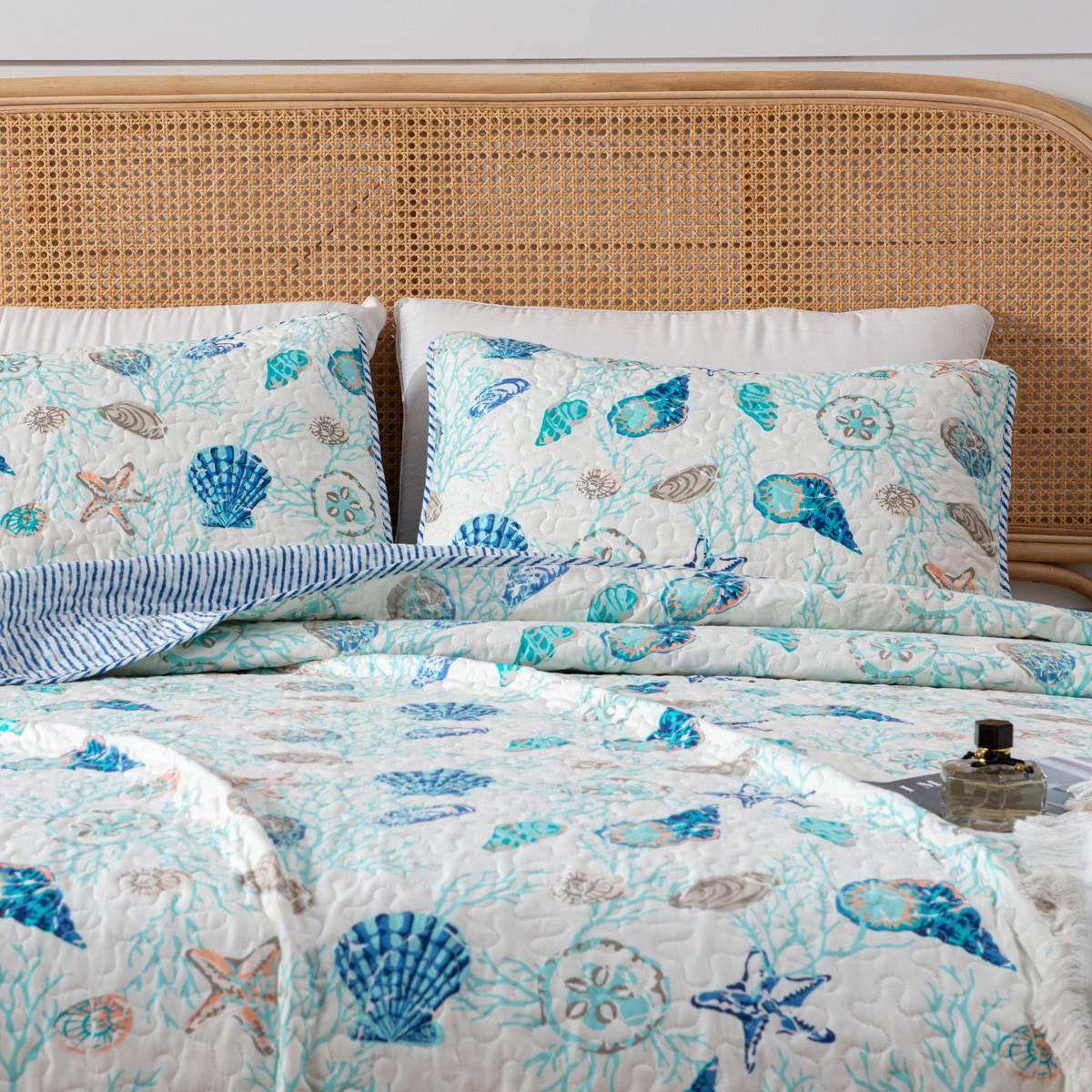 FreshFolds 3pc. Seashell Coastal Bedspread Quilt Set