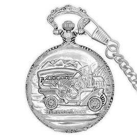 Mens Silver Alloy Engraved Car Pocket Watch - 37742