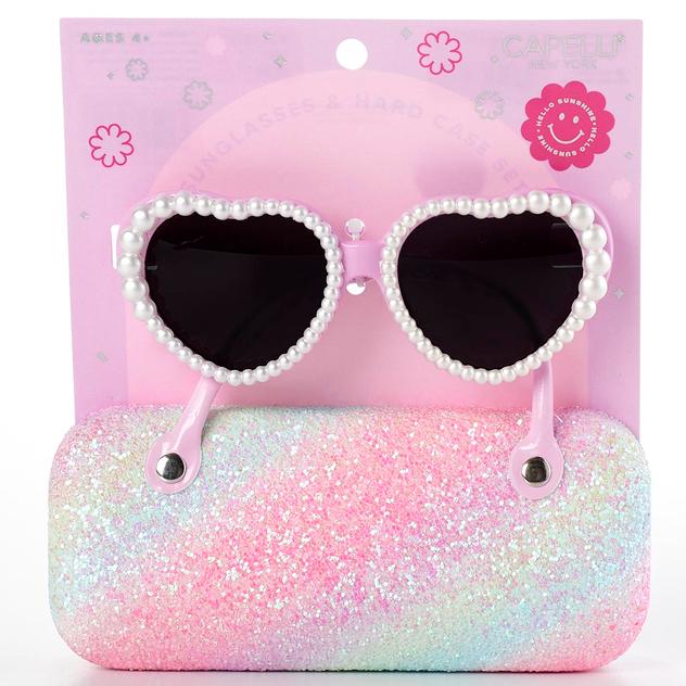 Girls Capelli® New York Faux Pearl Sunglasses & Glitter Hard Case