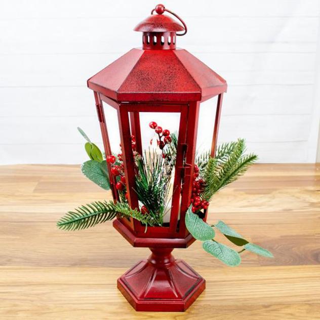 17in. Metal Pedestal Lantern and LED Candles with Faux Greenery