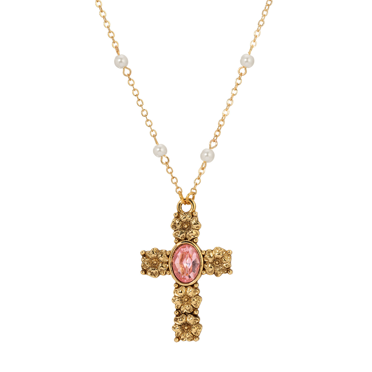 Symbols of Faith Gold Tone Cross Pink Oval Faux Pearl Necklace