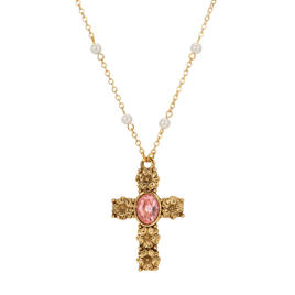 Symbols of Faith Gold Tone Cross Pink Oval Faux Pearl Necklace