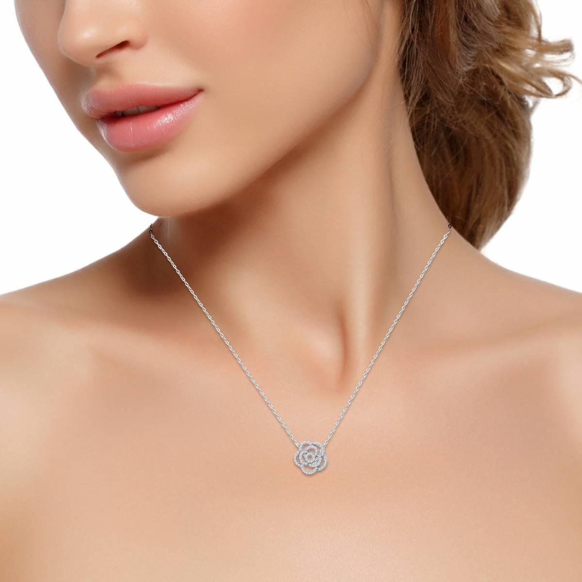 Designs by FMC Sterling Silver CZ Pave Rose Pendant Necklace