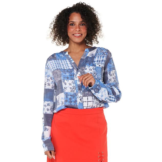 Womens Zac & Rachel 3/4 Sleeve Patchwork Button Front Blouse
