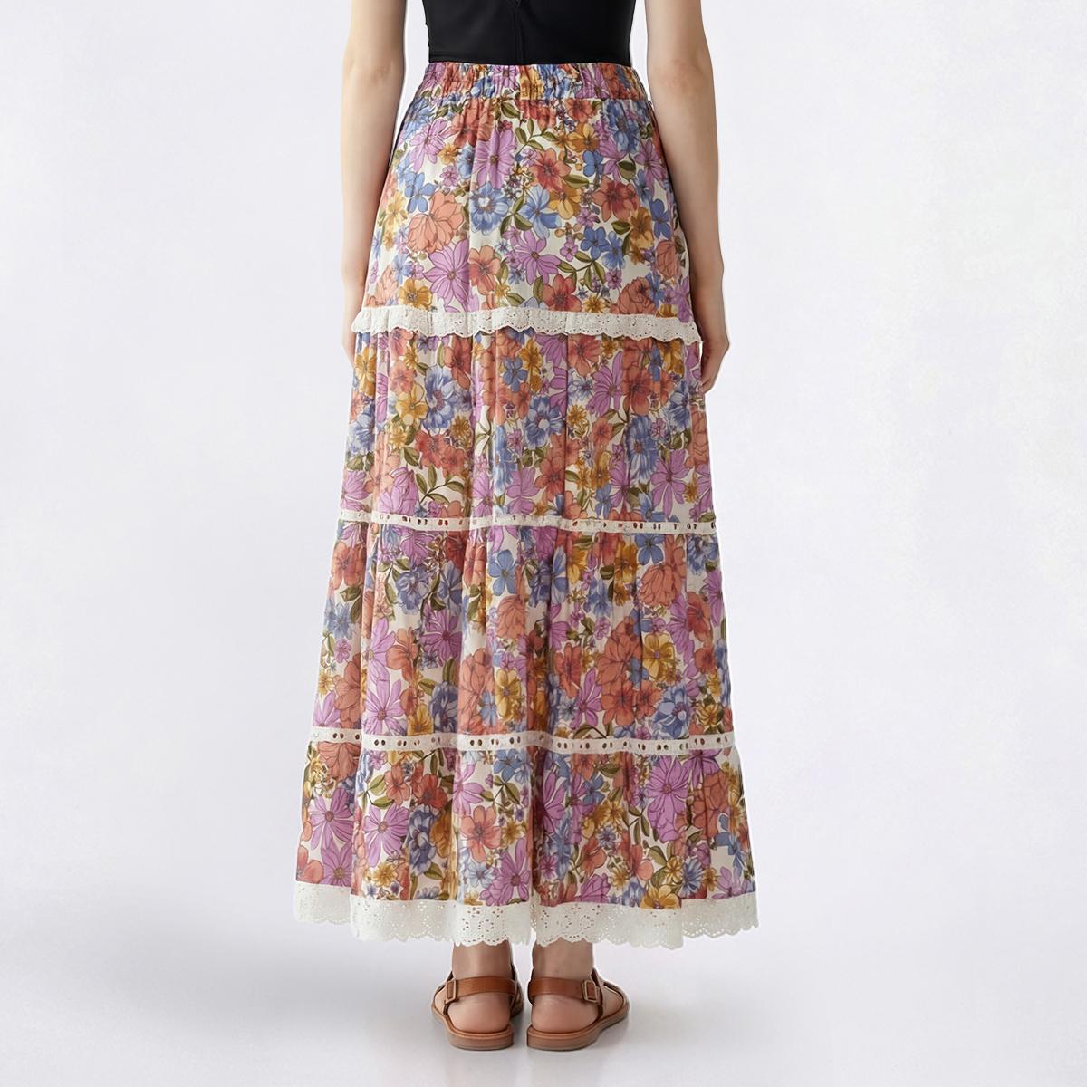 Juniors Angie Floral Crochet Trim Tier Maxi Skirt with Slit