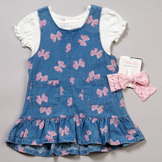 Girls (4-6x) Little Lass® 2pc. Bow Denim Jumper w/ Pointelle Top